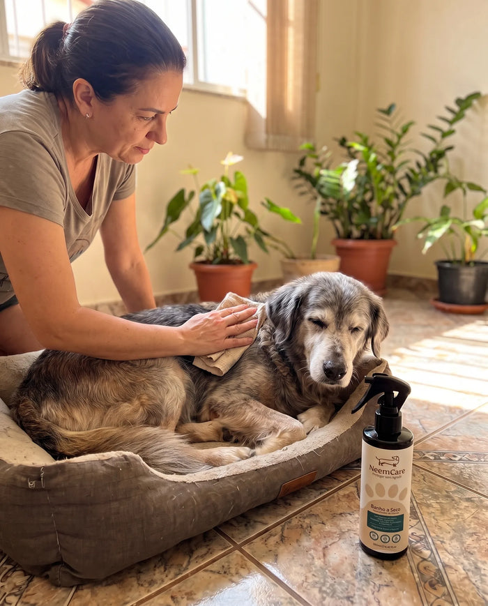 Cliente real com Banho a Seco para Cães e Gatos com Extrato de Neem | Higiene prática com neutralização de odores
