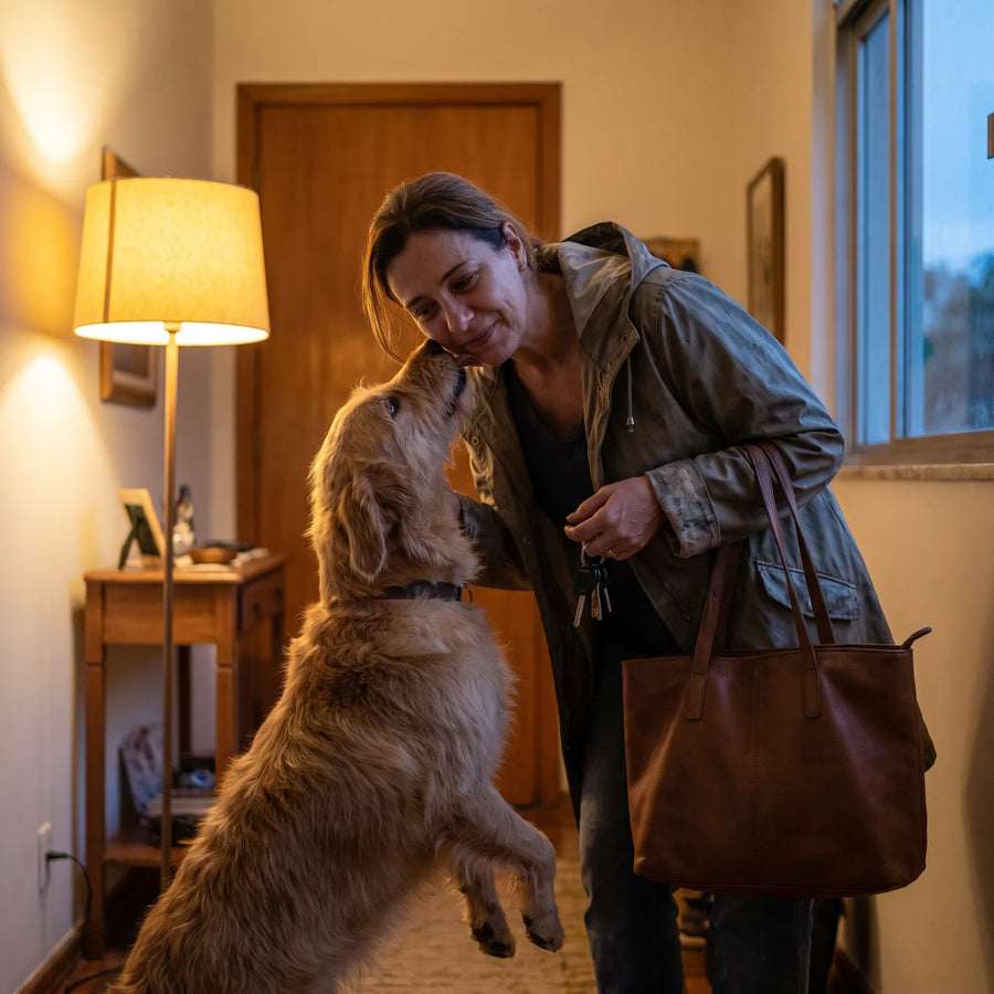 Tutora chega em casa do trabalho, ainda de bolsa, com o cachorro pedindo atenção