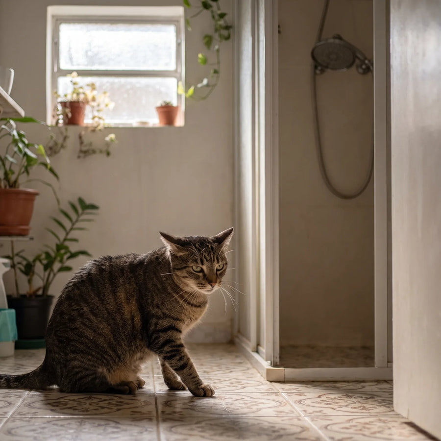Gato desconfiado observa o chuveiro do box, pronto para fugir do banho
