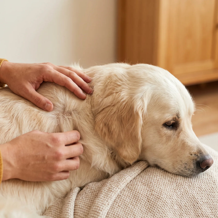 Tutora afasta o pelo do cachorro e observa a pele ressecada com casquinhas