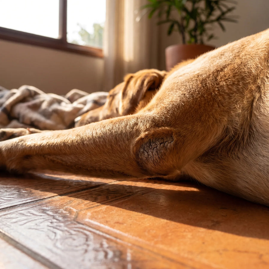 Close do calo ressecado no cotovelo de um cachorro de porte grande deitado no piso