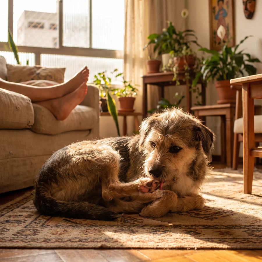 Cachorro lambendo insistentemente a pata na sala de casa