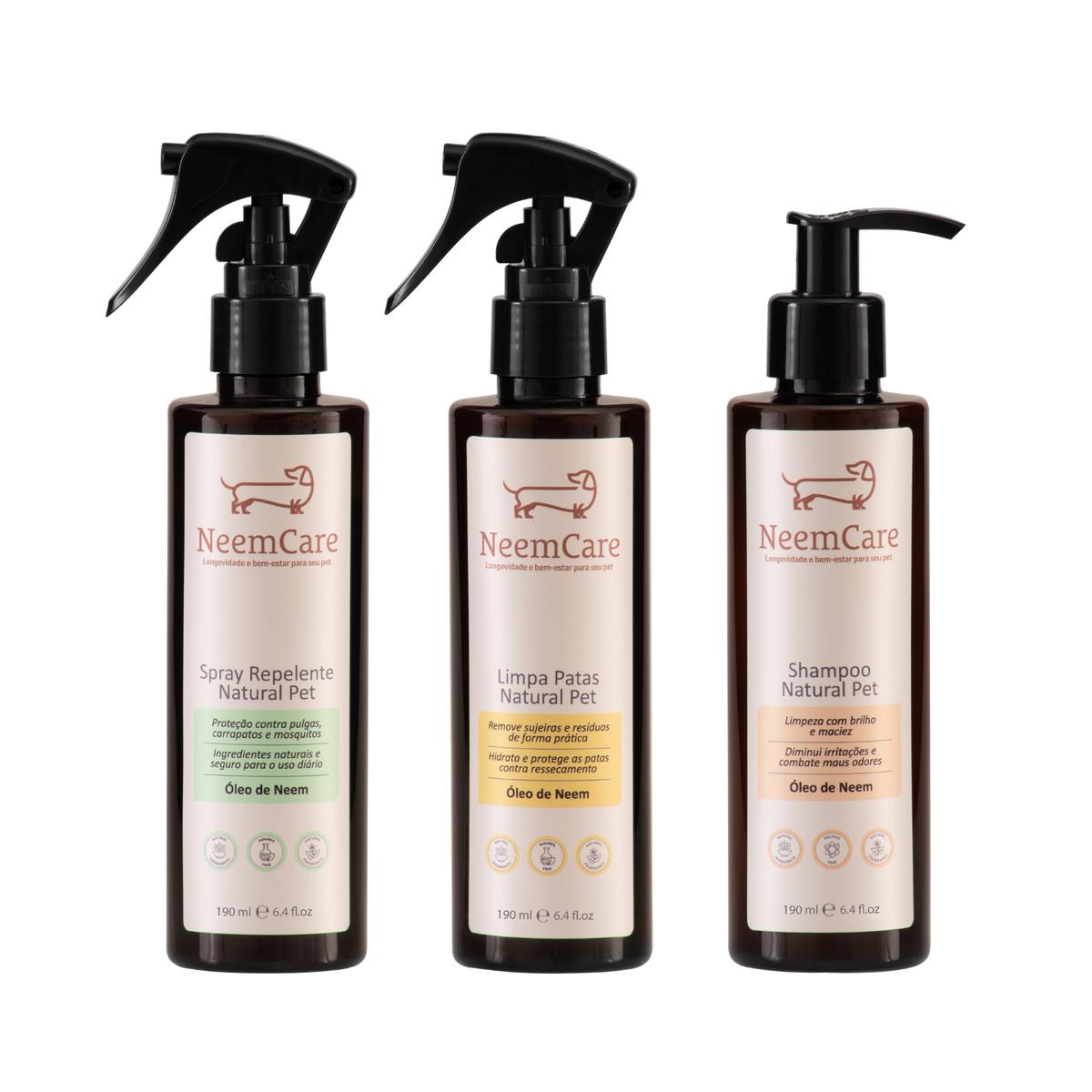 Kit Natural de Cuidados para Cães e Gatos com Óleo de Neem | Repelente, Shampoo e Limpa Patas
