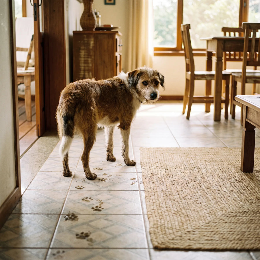 Rastro de patinhas de terra no piso claro da sala, com o cachorro ao fundo