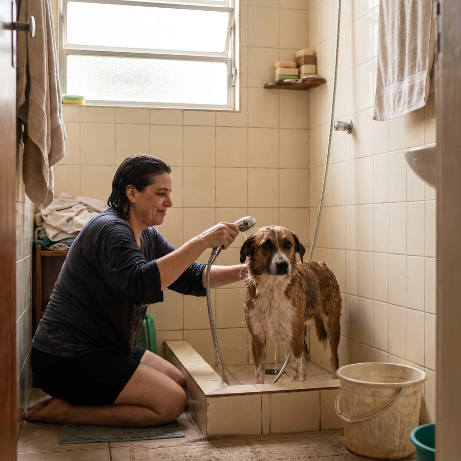 Tutora cansada dando banho no cachorro no box do banheiro