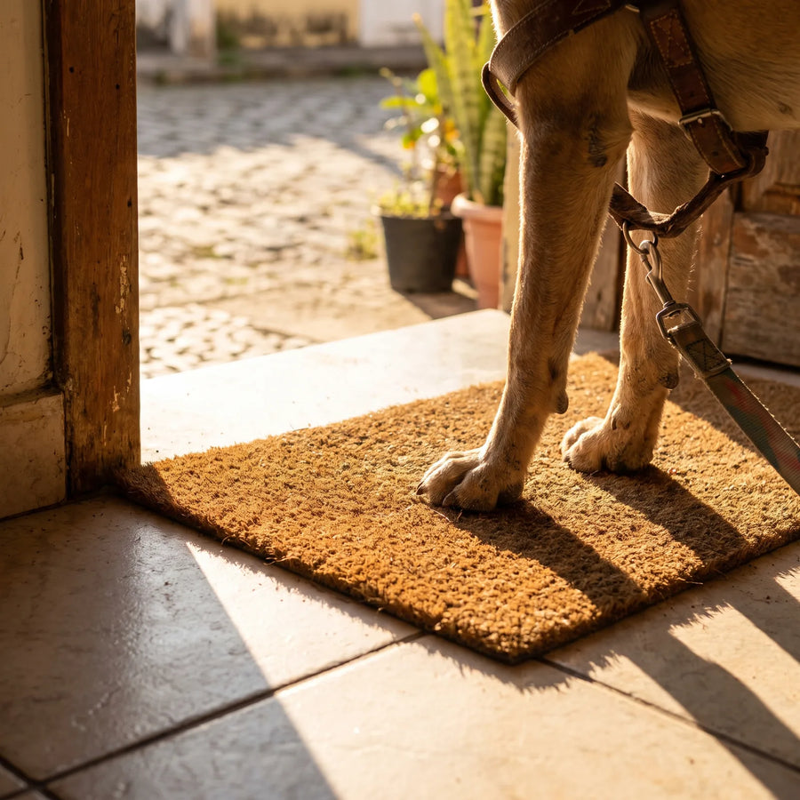 Close das patas sujas de terra e areia do cachorro na soleira da porta