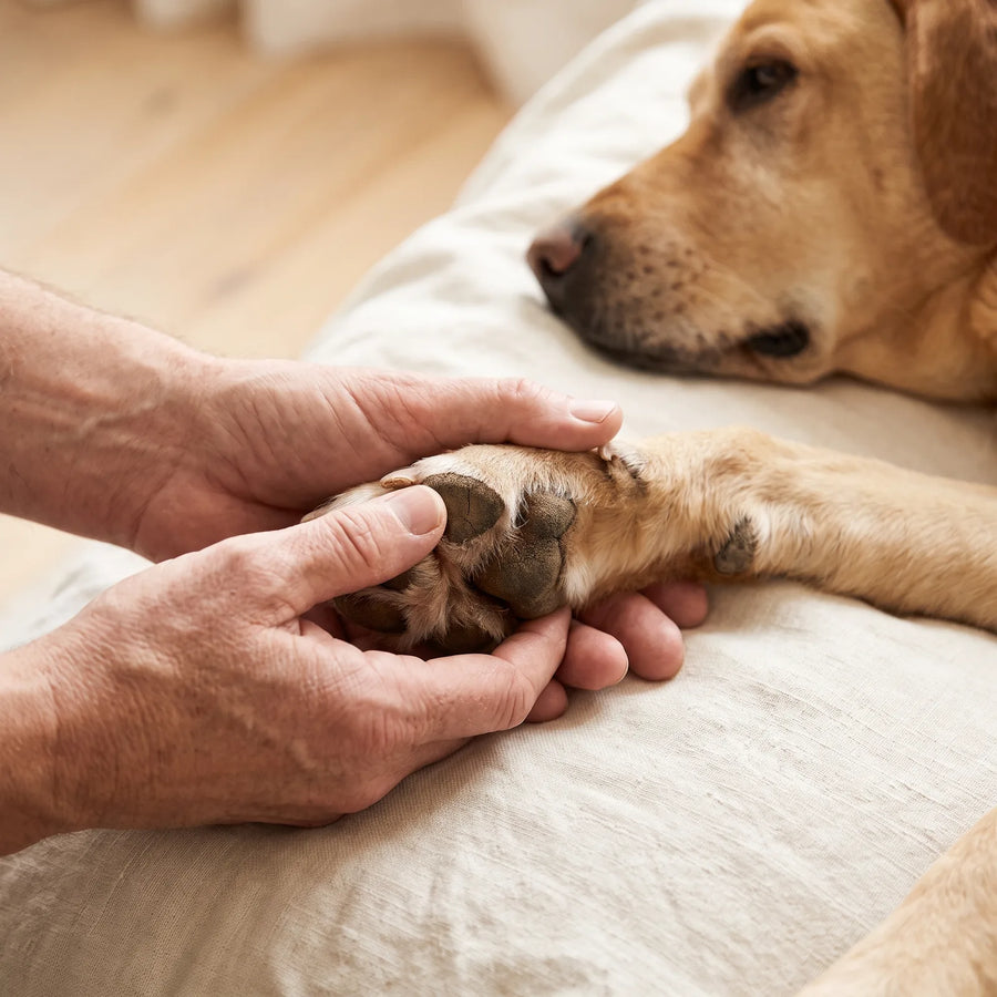 Tutor examina de perto a almofadinha ressecada da pata do cachorro