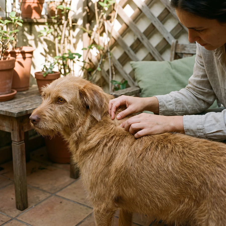 Tutora afasta o pelo do cachorro no quintal para procurar carrapatos