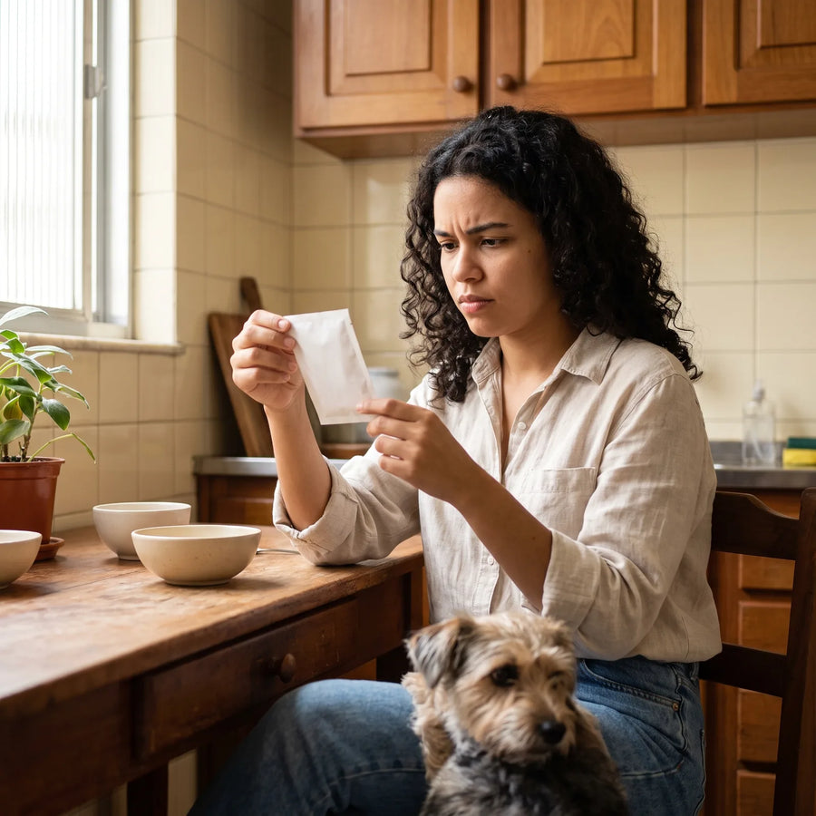 Mulher lê o rótulo de um antipulgas químico na cozinha, com o cachorro ao lado