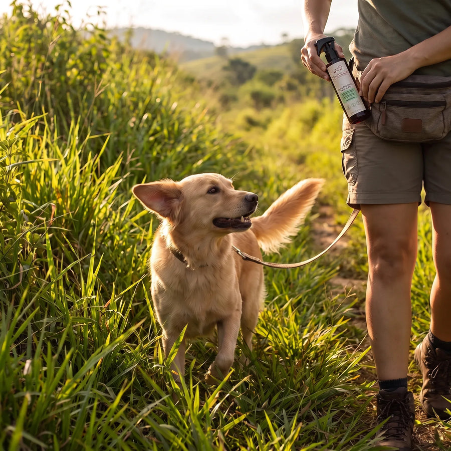 Cachorro na guia em trilha de mato alto enquanto o tutor guarda o repelente na pochete