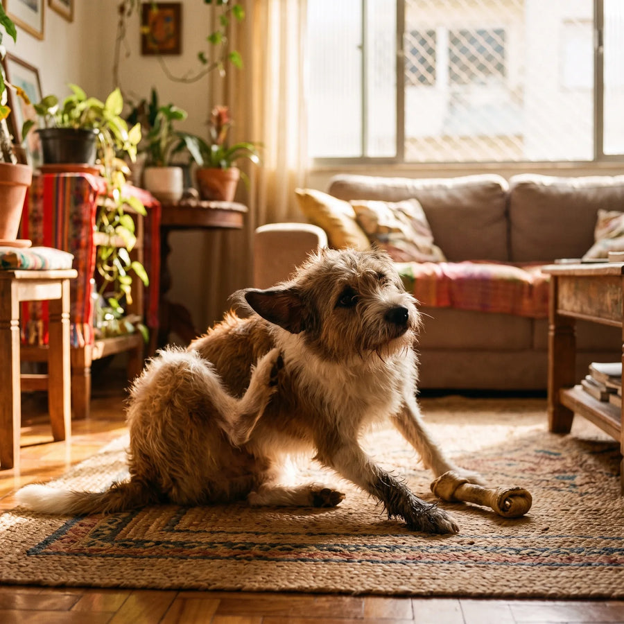 Cachorro se coçando atrás da orelha com a pata traseira na sala de casa