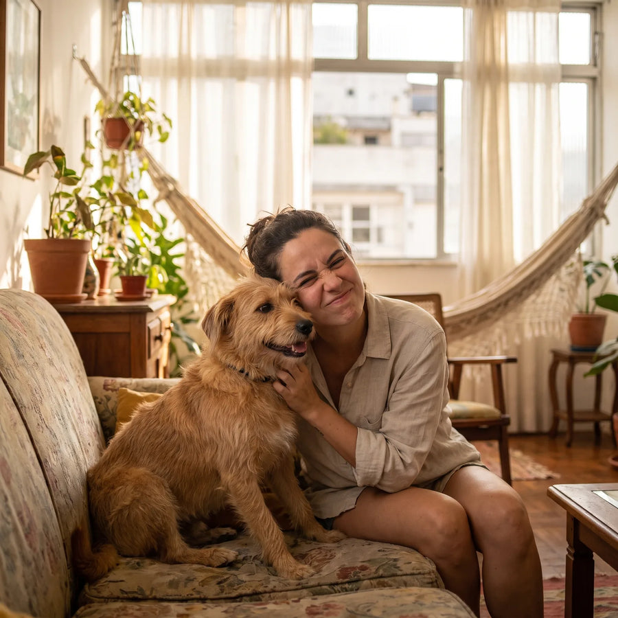 Tutora abraça o cachorro no sofá e franze o nariz com o cheiro forte da pelagem