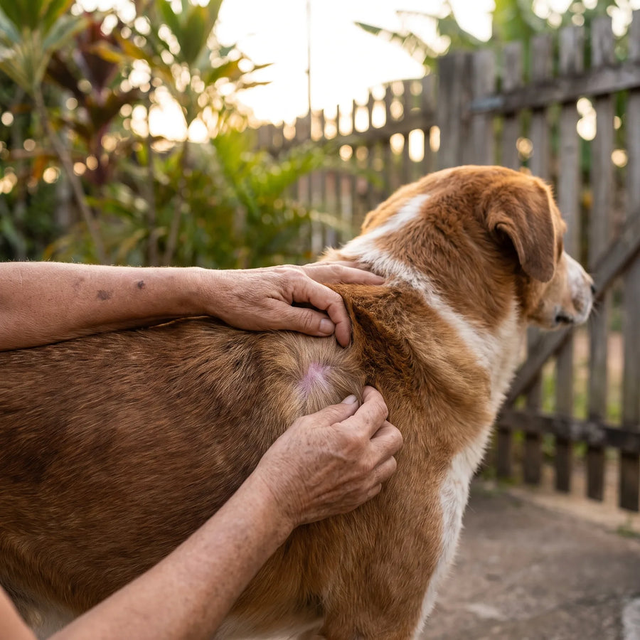 Tutor afasta o pelo do cachorro no quintal procurando pulgas e carrapatos